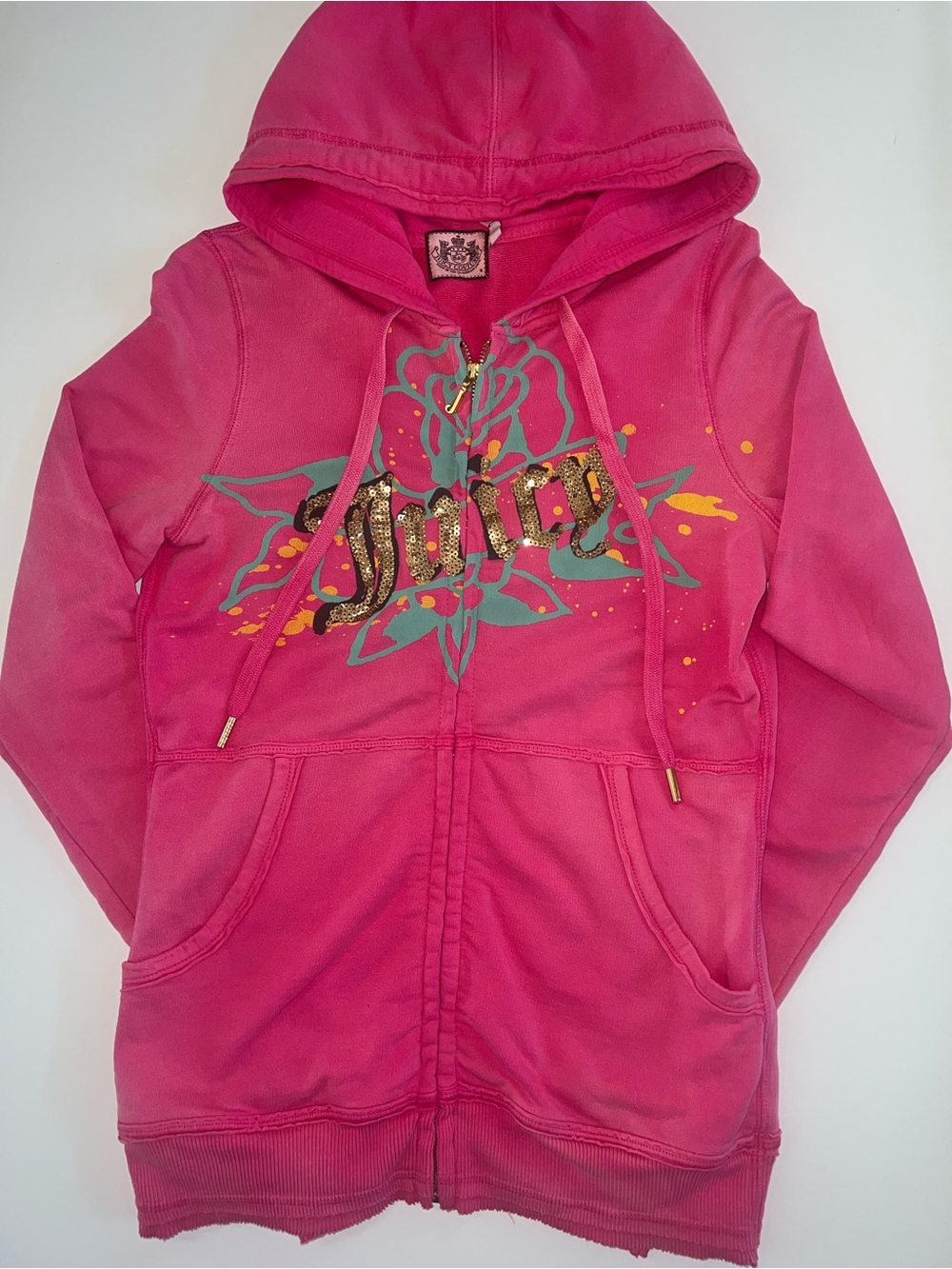 Juicy Couture Hot Pink Sequin Logo Zip Hoodie with Teal & Yellow Floral Accent
